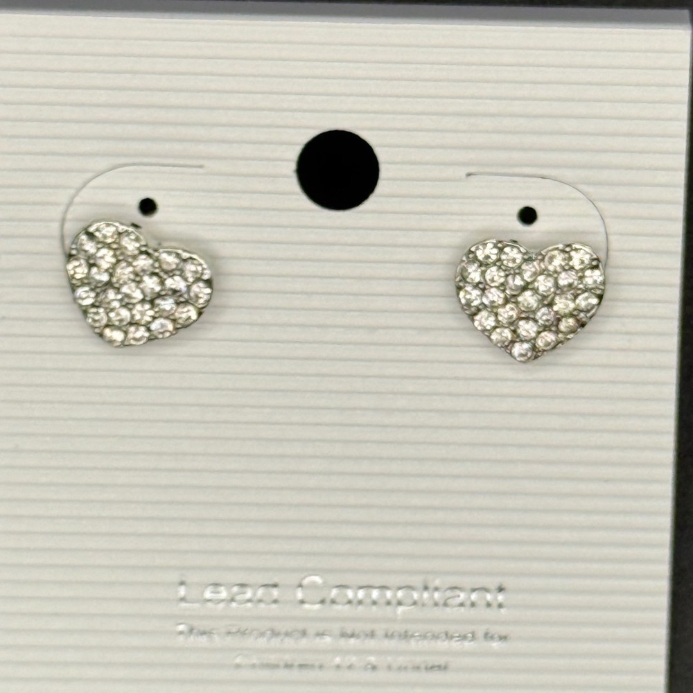 Girls Heart Stud Earrings Silver Tone Rhinestone Pave Crystal Sparkle Jewelry‎